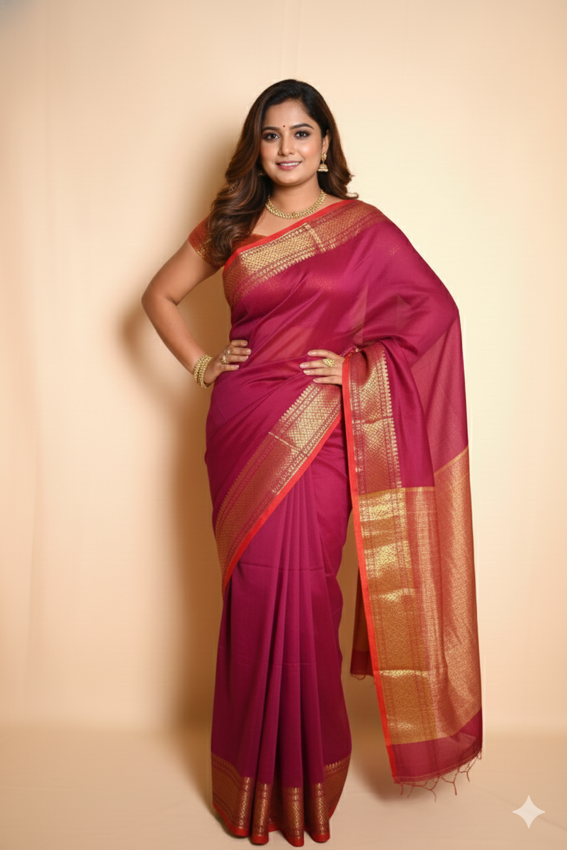 SAREEN Magenta Mangalagiri Cotton Saree with Gold Zari Border – Festive Classic