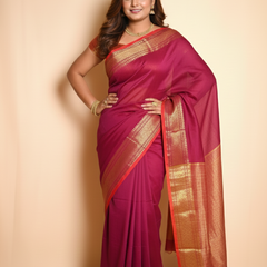 SAREEN Magenta Mangalagiri Cotton Saree with Gold Zari Border – Festive Classic