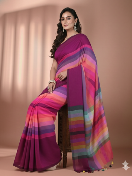 SAREEN Magenta Multicolor Stripe Mal Cotton Saree – Vibrant Festive Elegance