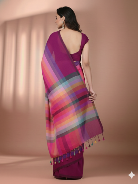 SAREEN Magenta Multicolor Stripe Mal Cotton Saree – Vibrant Festive Elegance