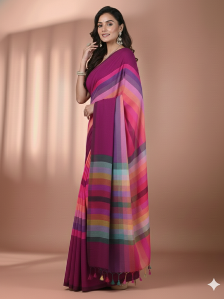 SAREEN Magenta Multicolor Stripe Mal Cotton Saree – Vibrant Festive Elegance