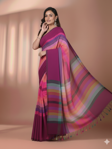 SAREEN Magenta Multicolor Stripe Mal Cotton Saree – Vibrant Festive Elegance