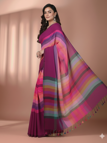 SAREEN Magenta Multicolor Stripe Mal Cotton Saree – Vibrant Festive Elegance