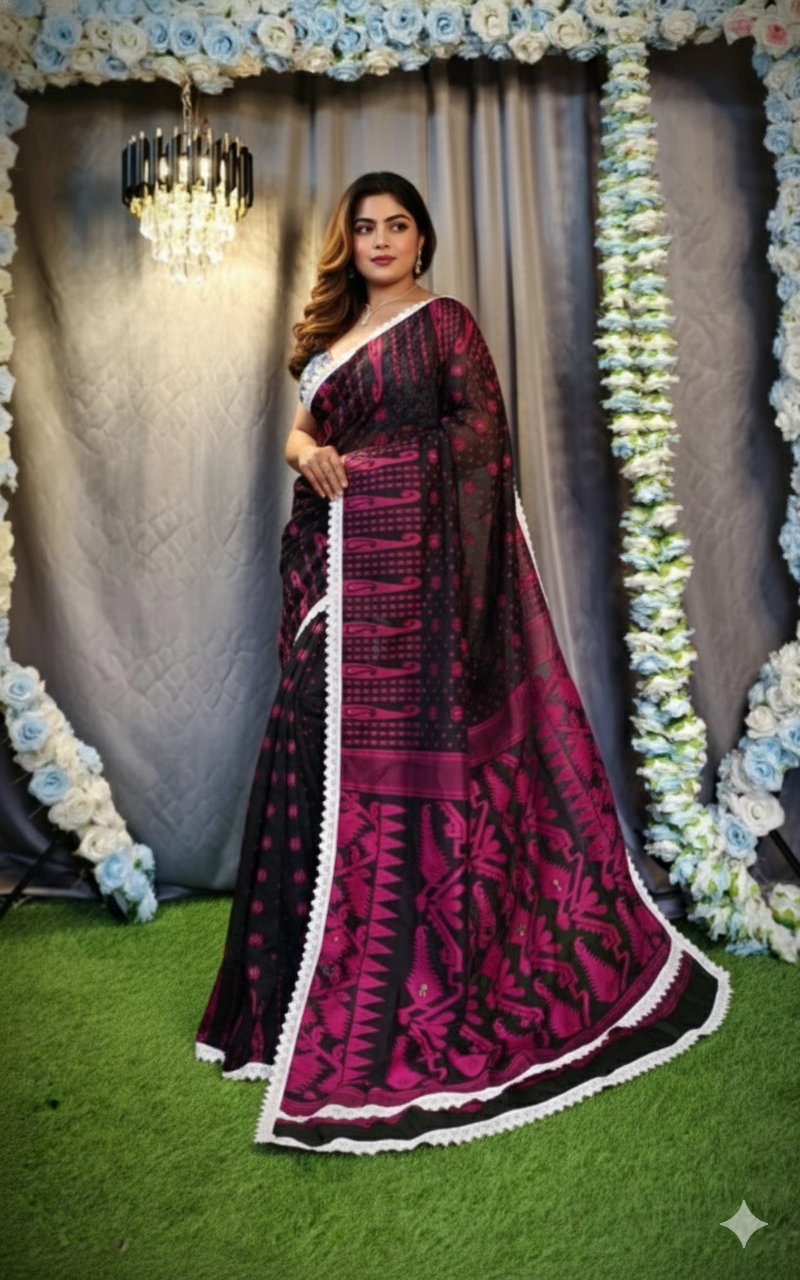 SAREEN Black & Magenta Jamdani Saree with White Lace Border – Festive Statement