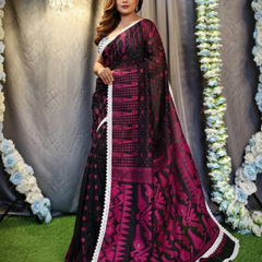 SAREEN Black & Magenta Jamdani Saree with White Lace Border – Festive Statement