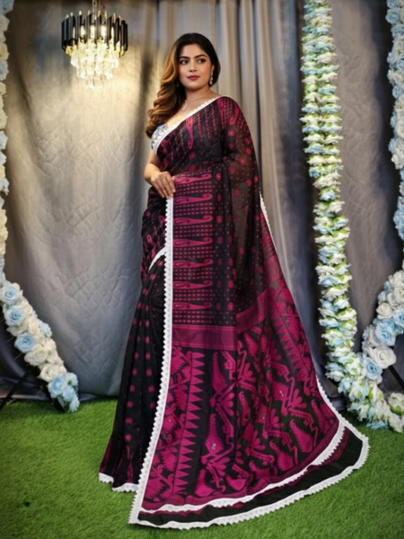 SAREEN Black & Magenta Jamdani Saree with White Lace Border – Festive Statement