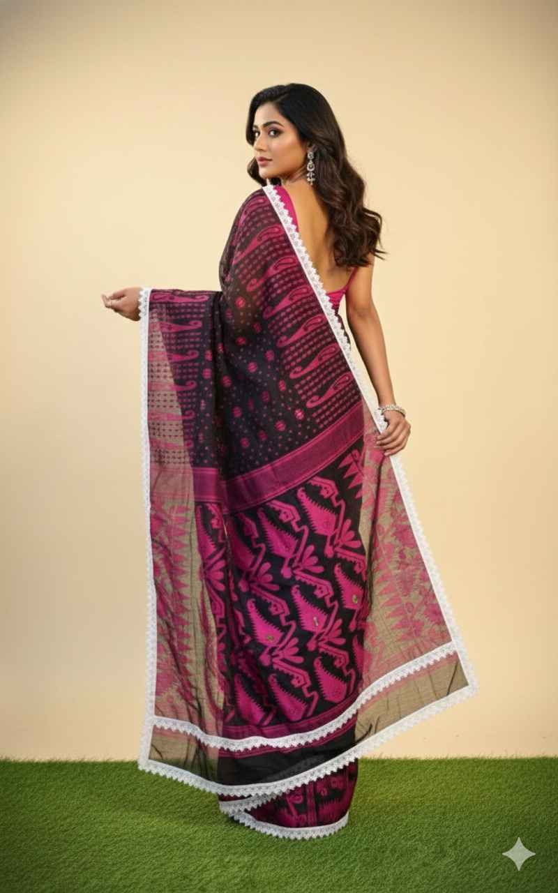 SAREEN Black & Magenta Jamdani Saree with White Lace Border – Festive Statement