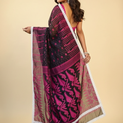 SAREEN Black & Magenta Jamdani Saree with White Lace Border – Festive Statement