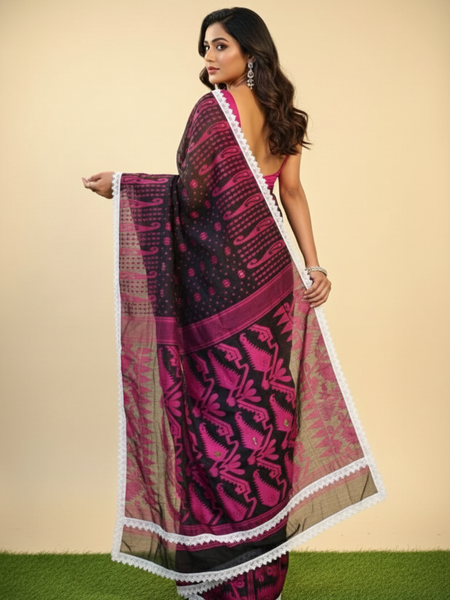 SAREEN Black & Magenta Jamdani Saree with White Lace Border – Festive Statement