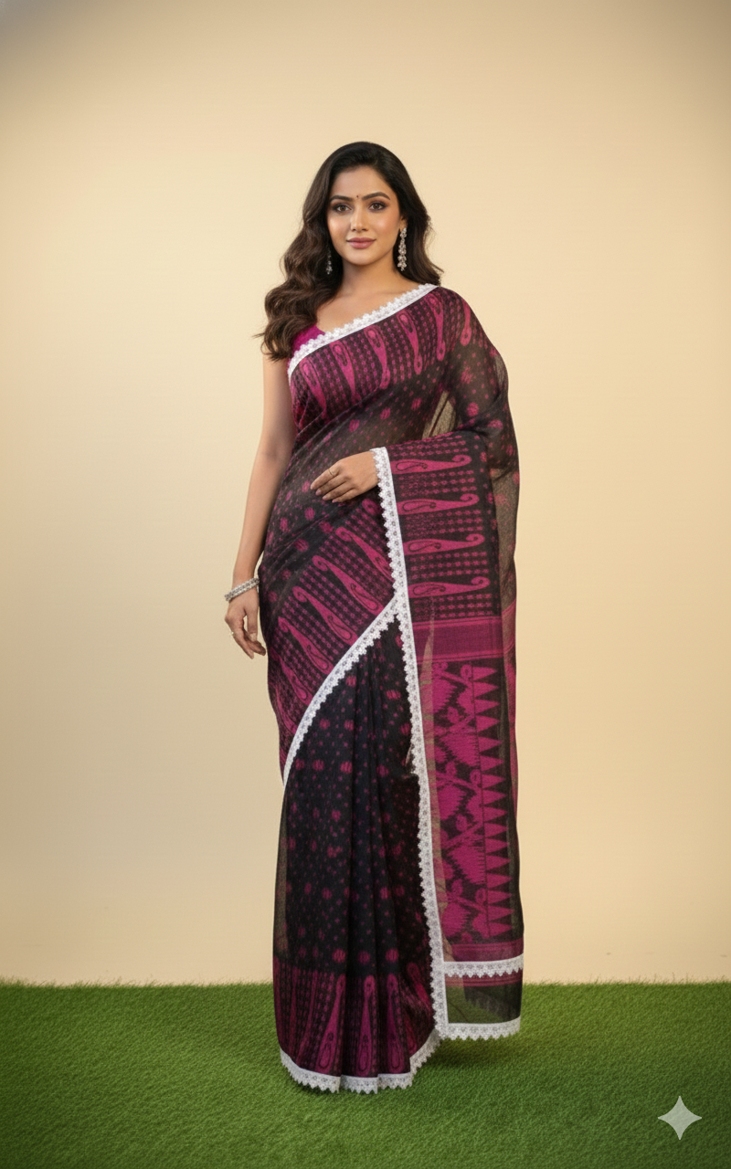 SAREEN Black & Magenta Jamdani Saree with White Lace Border – Festive Statement