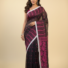 SAREEN Black & Magenta Jamdani Saree with White Lace Border – Festive Statement