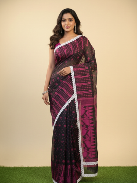 SAREEN Black & Magenta Jamdani Saree with White Lace Border – Festive Statement