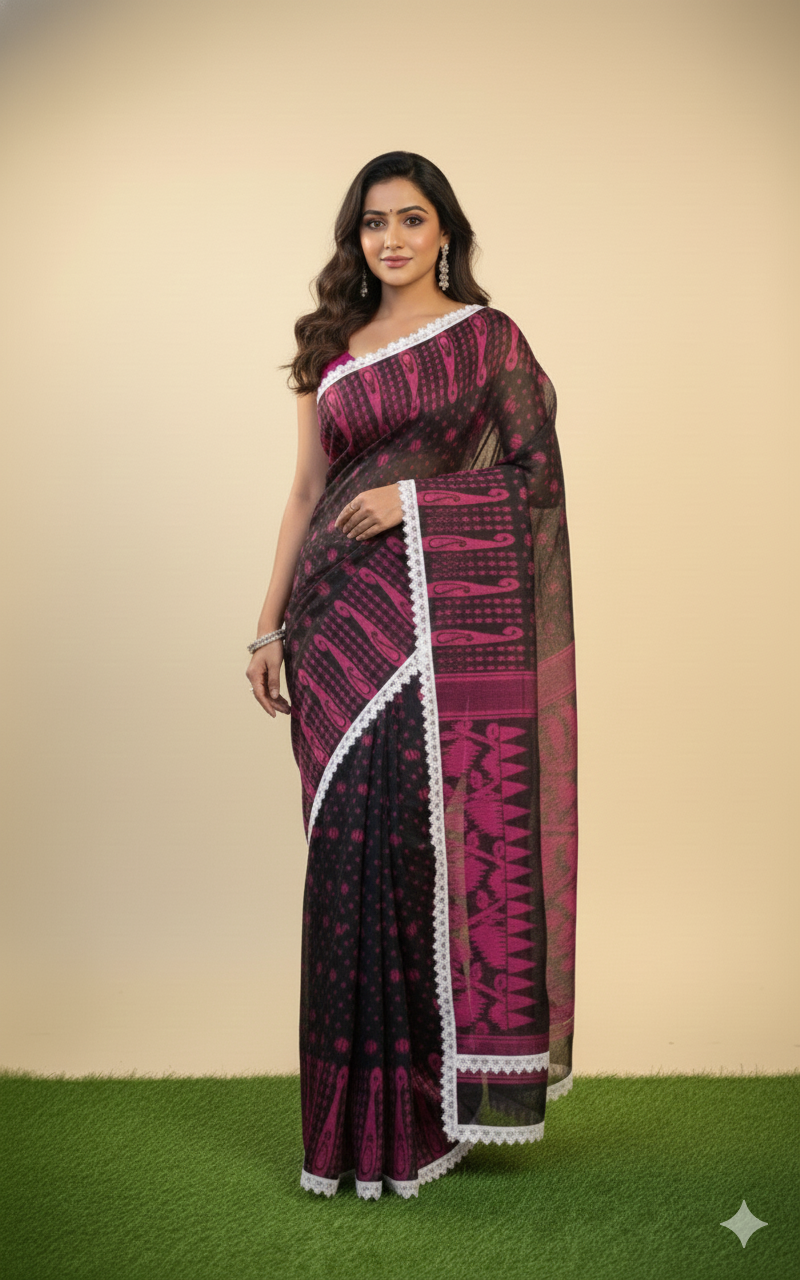 SAREEN Black & Magenta Jamdani Saree with White Lace Border – Festive Statement