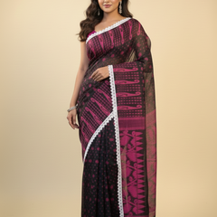 SAREEN Black & Magenta Jamdani Saree with White Lace Border – Festive Statement
