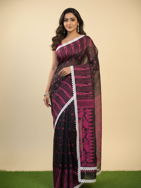 SAREEN Black & Magenta Jamdani Saree with White Lace Border – Festive Statement