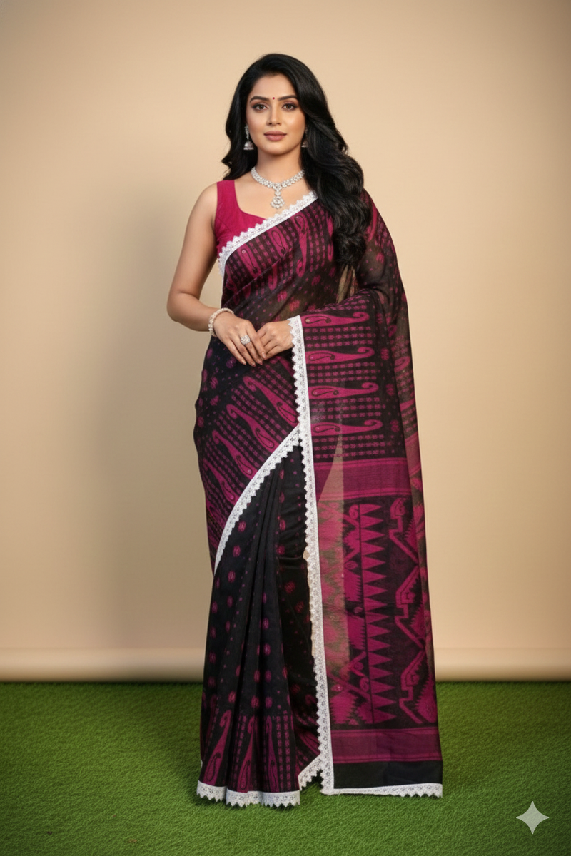 SAREEN Black & Magenta Jamdani Saree with White Lace Border – Festive Statement