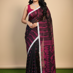 SAREEN Black & Magenta Jamdani Saree with White Lace Border – Festive Statement