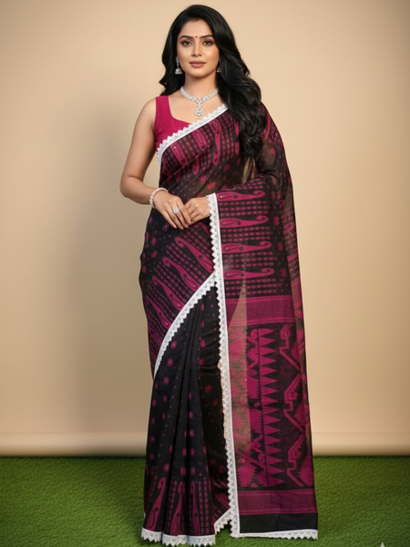 SAREEN Black & Magenta Jamdani Saree with White Lace Border – Festive Statement
