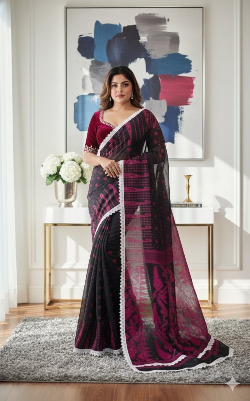 SAREEN Black & Magenta Jamdani Saree with White Lace Border – Festive Statement