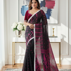 SAREEN Black & Magenta Jamdani Saree with White Lace Border – Festive Statement