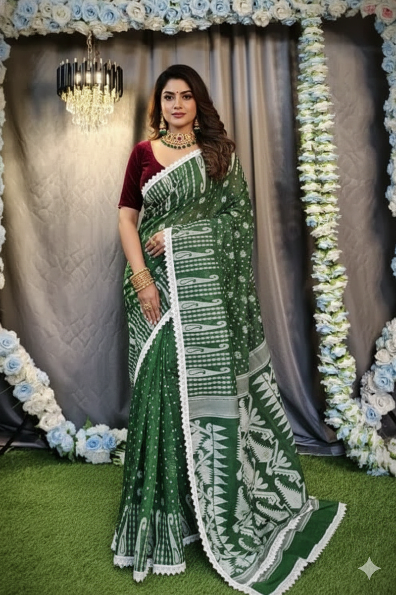 SAREEN Green Jamdani Saree with White Lace Border – Handloom Grace