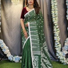 SAREEN Green Jamdani Saree with White Lace Border – Handloom Grace