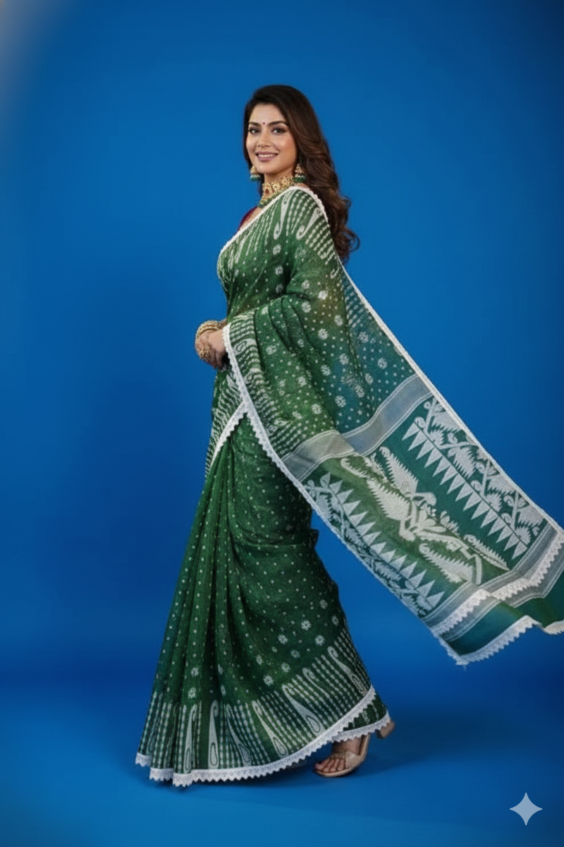 SAREEN Green Jamdani Saree with White Lace Border – Handloom Grace