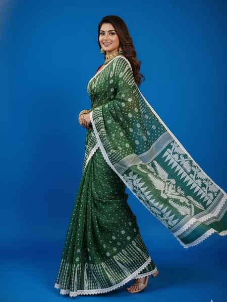SAREEN Green Jamdani Saree with White Lace Border – Handloom Grace