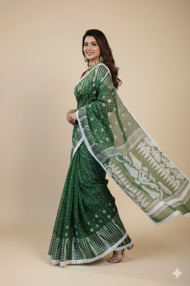 SAREEN Green Jamdani Saree with White Lace Border – Handloom Grace