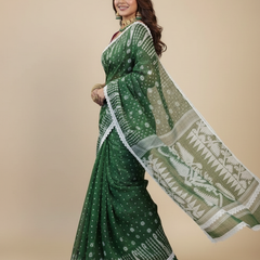 SAREEN Green Jamdani Saree with White Lace Border – Handloom Grace