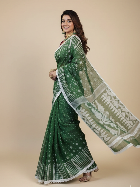 SAREEN Green Jamdani Saree with White Lace Border – Handloom Grace