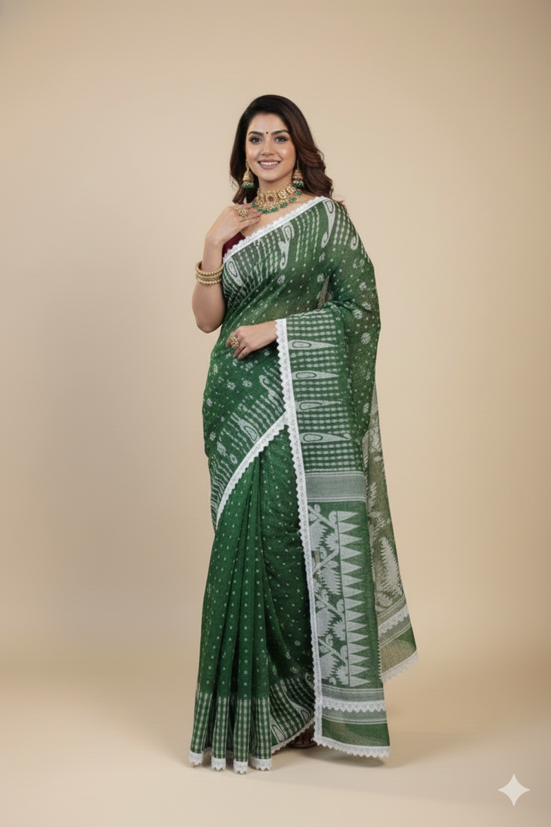 SAREEN Green Jamdani Saree with White Lace Border – Handloom Grace