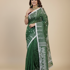SAREEN Green Jamdani Saree with White Lace Border – Handloom Grace