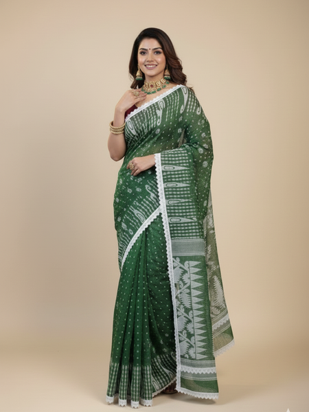 SAREEN Green Jamdani Saree with White Lace Border – Handloom Grace