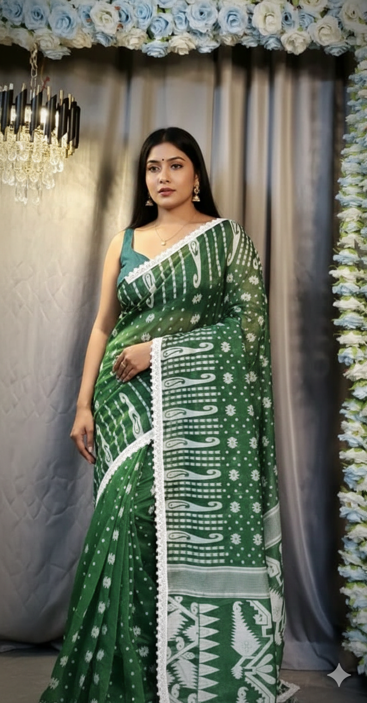 SAREEN Green Jamdani Saree with White Lace Border – Handloom Grace