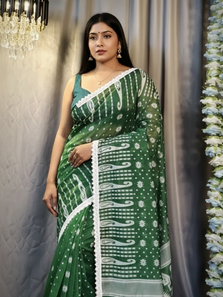 SAREEN Green Jamdani Saree with White Lace Border – Handloom Grace