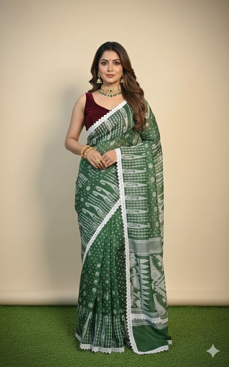 SAREEN Green Jamdani Saree with White Lace Border – Handloom Grace
