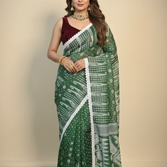 SAREEN Green Jamdani Saree with White Lace Border – Handloom Grace