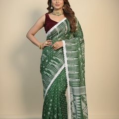 SAREEN Green Jamdani Saree with White Lace Border – Handloom Grace