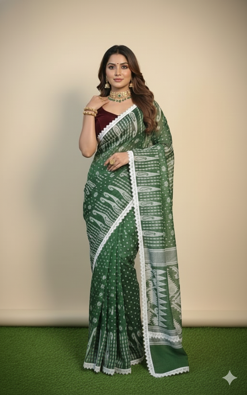 SAREEN Green Jamdani Saree with White Lace Border – Handloom Grace