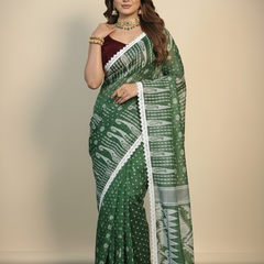 SAREEN Green Jamdani Saree with White Lace Border – Handloom Grace