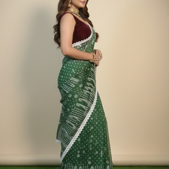 SAREEN Green Jamdani Saree with White Lace Border – Handloom Grace