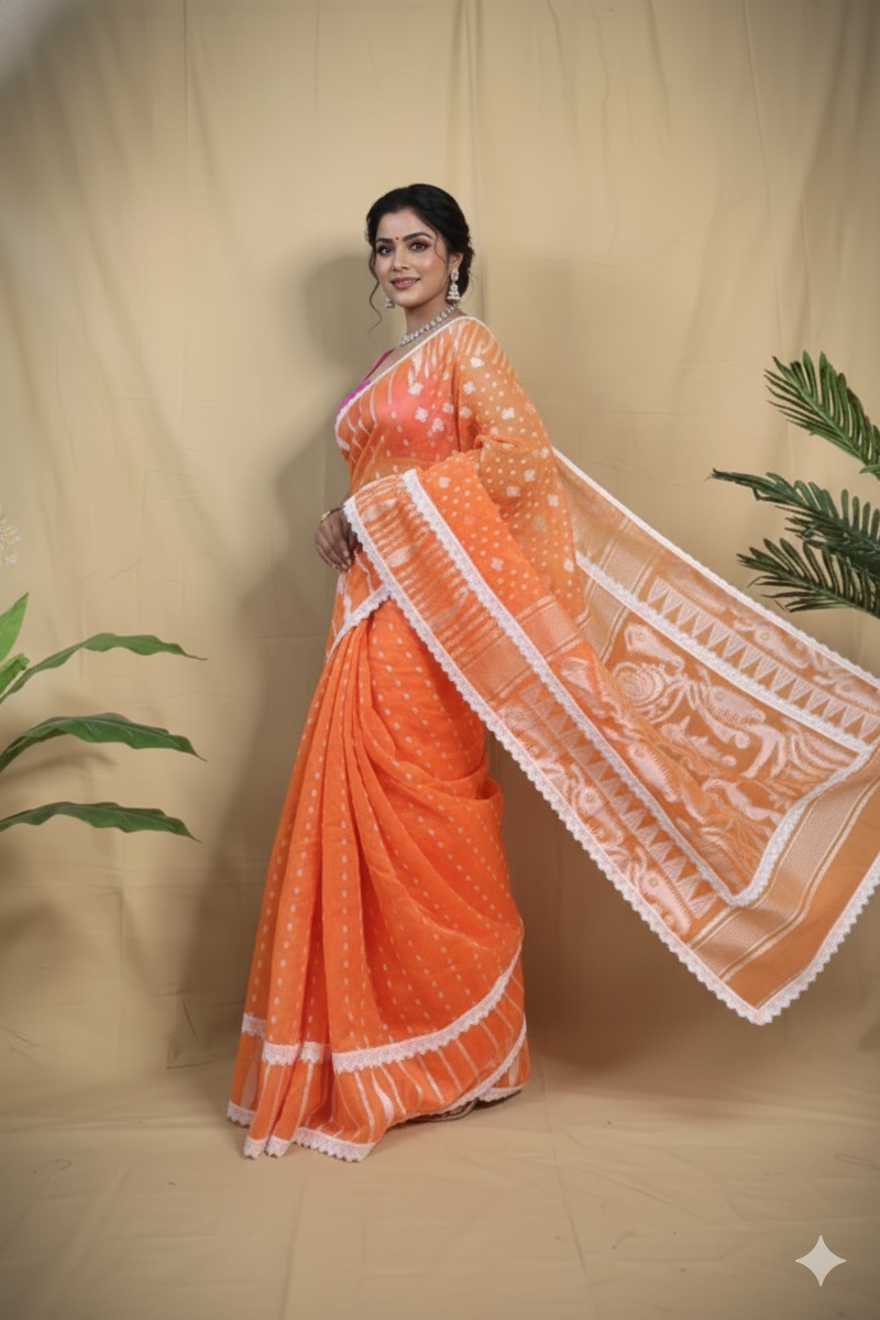 SAREEN Orange Jamdani Saree with White Lace Border – Festive Handloom Edit