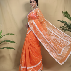 SAREEN Orange Jamdani Saree with White Lace Border – Festive Handloom Edit