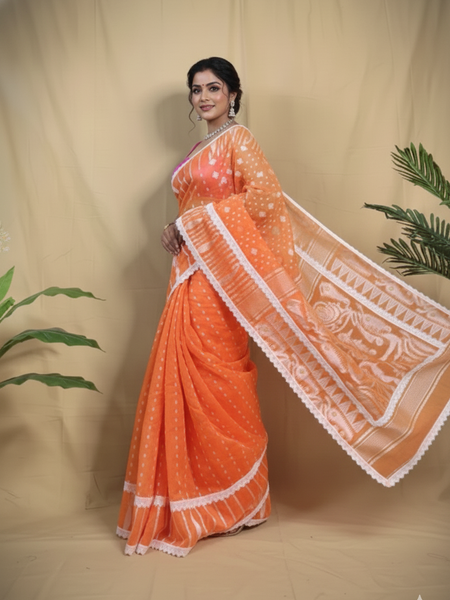SAREEN Orange Jamdani Saree with White Lace Border – Festive Handloom Edit