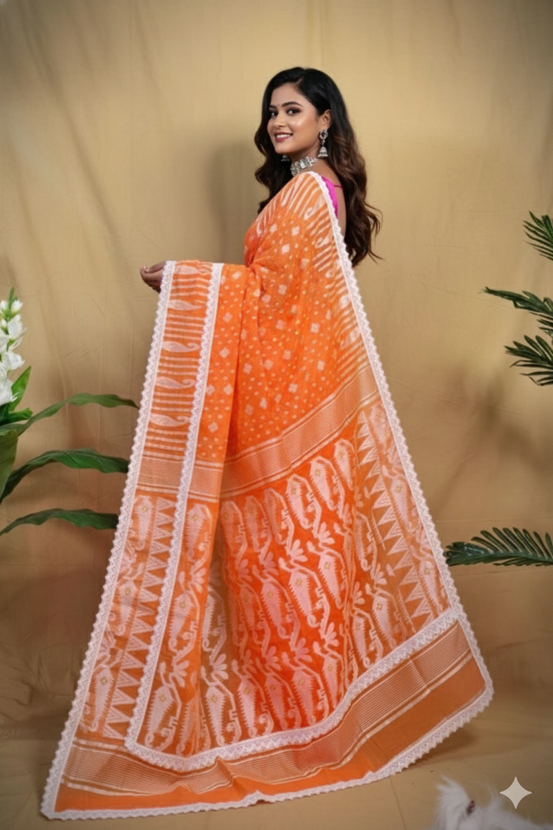 SAREEN Orange Jamdani Saree with White Lace Border – Festive Handloom Edit