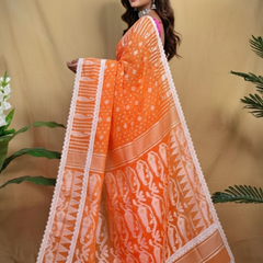 SAREEN Orange Jamdani Saree with White Lace Border – Festive Handloom Edit