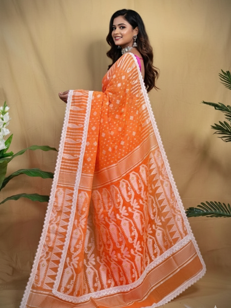 SAREEN Orange Jamdani Saree with White Lace Border – Festive Handloom Edit
