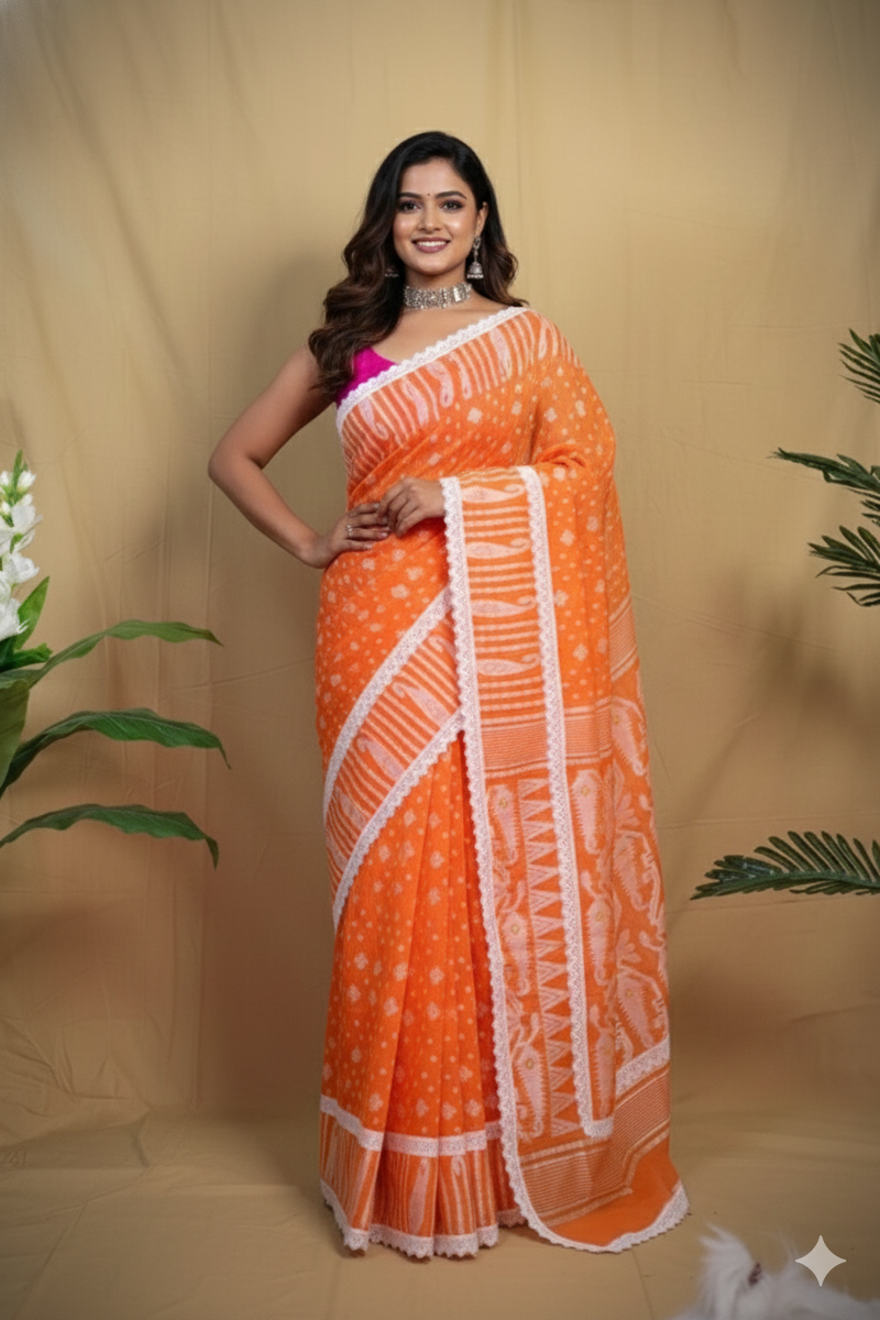 SAREEN Orange Jamdani Saree with White Lace Border – Festive Handloom Edit
