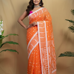 SAREEN Orange Jamdani Saree with White Lace Border – Festive Handloom Edit